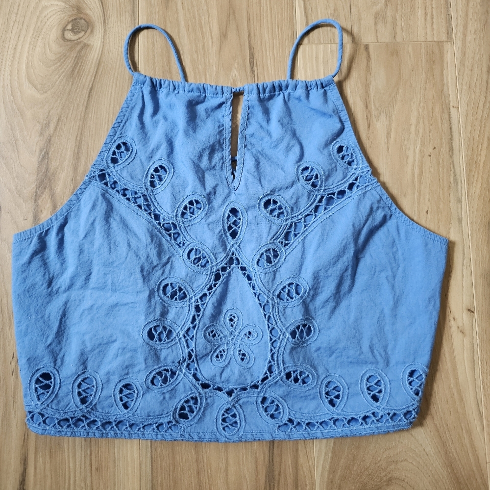 American Eagle Outfitters Blue Lace Boho Beachy Crop Top With Eyelet Details